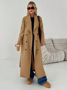 RueChic Women's Double-Breasted Shell Belt Long Over Long Trench Coat - Camel - View 3