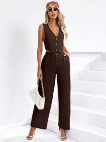 SHEIN Privé Conjunto informal de dos piezas para mujer con chaleco de un solo abotonamiento y pantalones de unicolor
