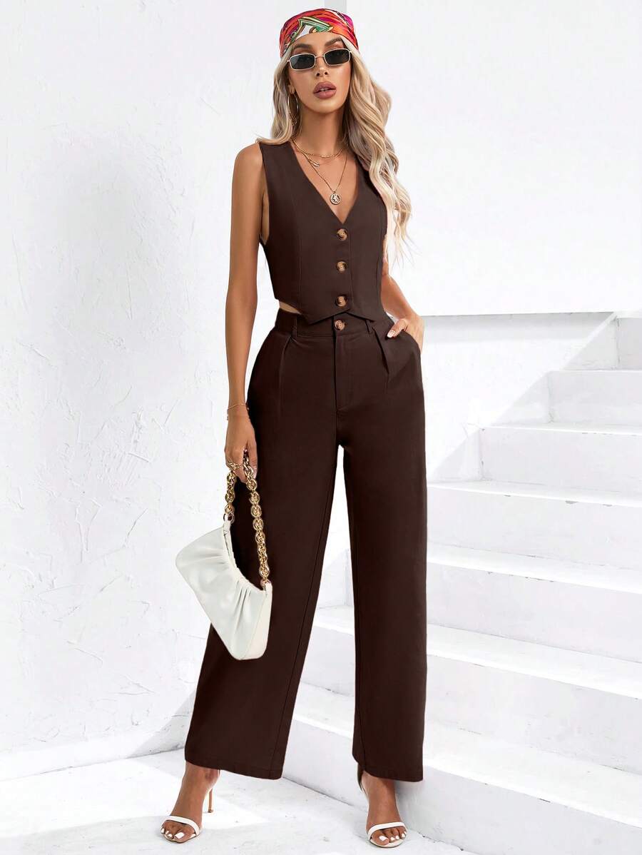 SHEIN Privé 女士纯色单排扣背心和裤子休闲两件套 - 咖啡棕 - 查看 1