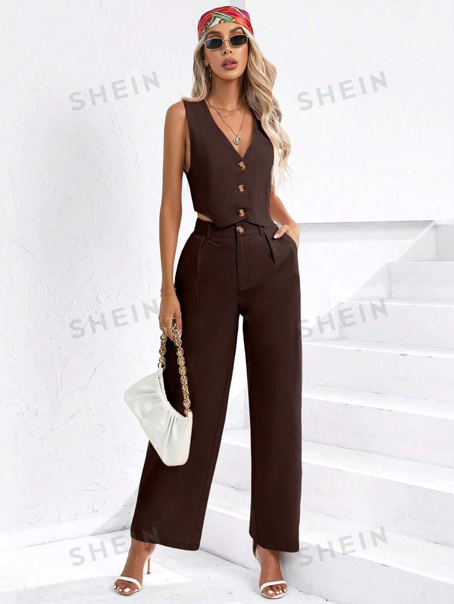 SHEIN Privé Conjunto informal de dos piezas para mujer con chaleco de un solo abotonamiento y pantalones de unicolor