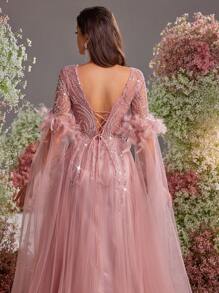 Glamrae Elegant & Luxurious Mesh Patchwork Long Sleeve Maxi Dress With Faux Pearl Beading & Sequins, Wedding Guest Dress, Suitable For Wedding, Party, Prom, Banquet, Vacation, Formal Dress, Evening Dress,Gown - Dusty Pink - View 3