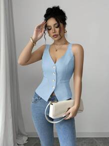 Selianne Áo hai dây bó sát một hàng khuy màu trơn dành cho nữ - Màu xanh nhạt - Xem 5