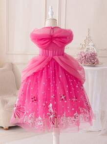 Glamorique Kids 小女孩公主裙，紫红色网纱连衣裙，紫红色印花网纱公主裙，珠宝，生日派对，派对礼服，婚礼节日正式礼服，优雅正式礼服，中东、欧洲和美国 - 玫紅色 - 查看 2