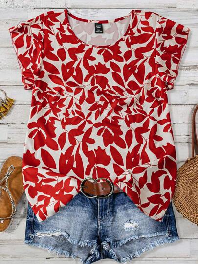 Linhara CURVE Plus Size Women Solid Color Leaf Print Round Neck Loose Ruffle Short Sleeve Vacation Top