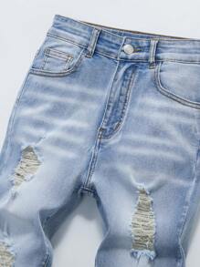 SHEIN Tween Boy Ripped Frayed Bleach Wash Jeans, School, Campus, College Chic Outfits For Autumn/Winter - Light Wash - View 6