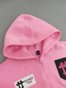 Manfinity EMRG Men's Ins Fashion Street Style Cross Embossed Print And Large Back Print Long Sleeve Zipper Placket Patch Pocket Hooded Sweatshirt, Zipper Placket Design Is Easy To Put On And Take Off, Large Print Pattern Design, It Is A Must-Have Hoodie For Street Fashion People. Suitable For Daily Wear, Going Out, School, Shopping. Can Be Given To Friends And Boyfriends. - Pink - View 6