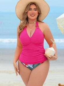 Swim Lushoire 2pcs/Set Plus Size Women Plant Print Random Halter Tied Split Tankini Swimwear, Casual Vacation For Summer Beach Vacation