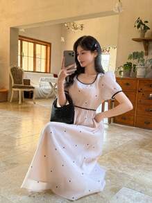 DAZY Women's Polka Dot Bowknot Casual Puff Sleeve Mid-Length Dress Sundress Easter Maxi Dress Floral Dresses For Women - Apricot - View 10