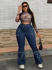 Slaydiva Plus Size Stretchy Vintage Wash Butterfly Patch Flared Jeans - Dark Wash - View 5