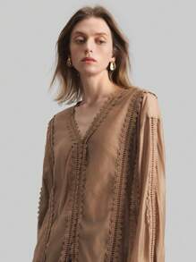 Ontre 女士 2 件套撞色蕾丝 V 领宽松长袖衬衫和长裙度假套装波西米亚风