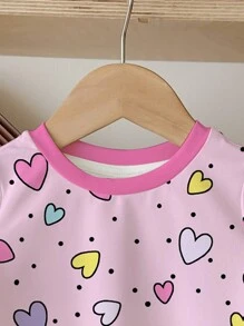 SHEIN Leap Crew Valentine's Day, Cute Hand-Painted Colorful Heart Pattern, Pink, Young Girl Casual Simple Round Neck Short Sleeve T-Shirt Suitable For Summer - Multicolor - View 4