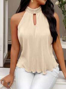 SHEIN Privé 女士立领无袖简约休闲镂空前褶皱背心 - 杏色 - 查看 1