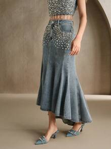 Anewsta 水钻装饰时尚奢华牛仔裙，女士春夏，节日/音乐会 - 淺色水洗藍 - 查看 4