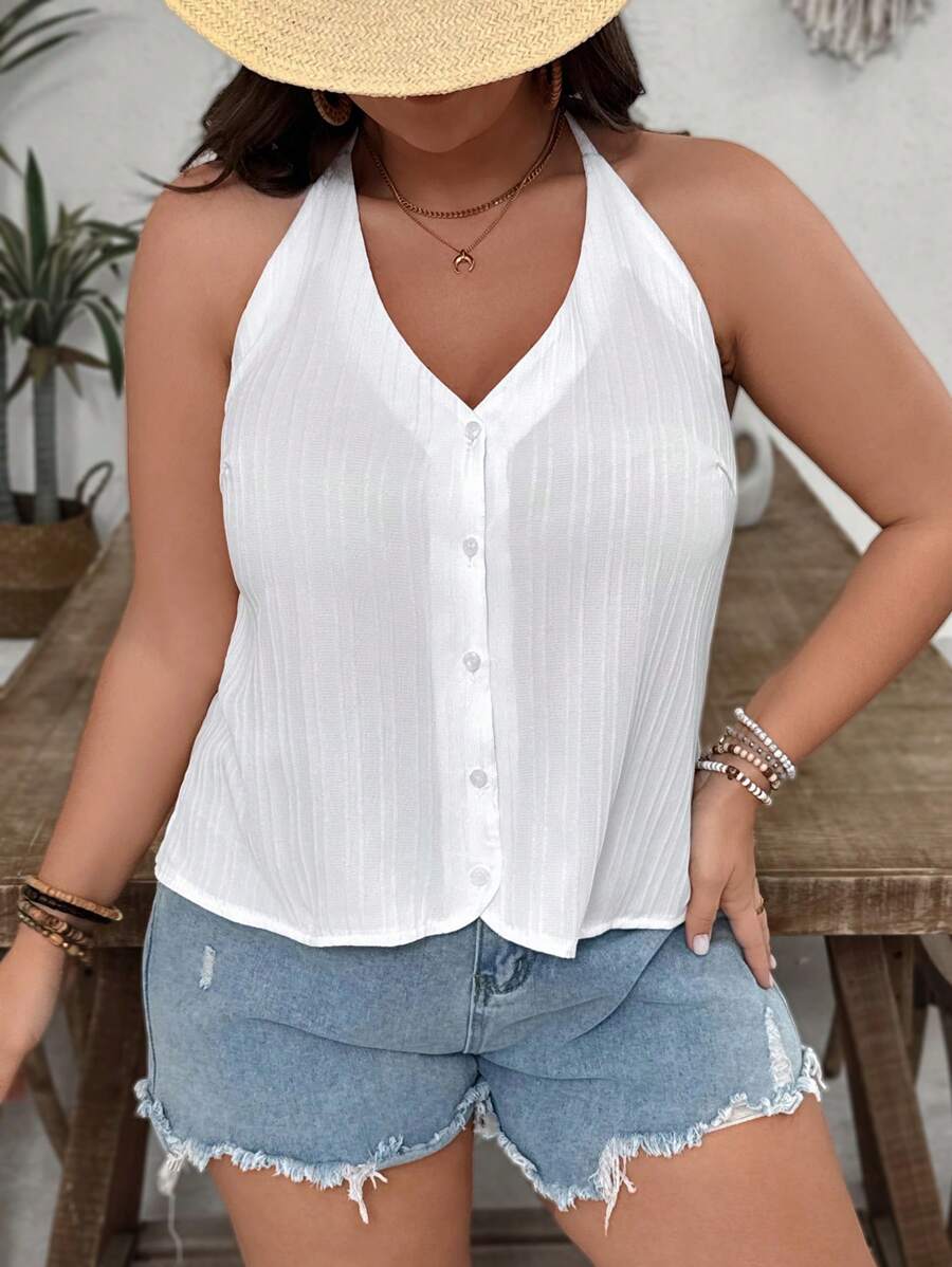 SHEIN VCAY Áo cánh vải kết cấu rộng rãi, cổ chữ V buộc dây cỡ lớn dành cho nữ, thích hợp cho ngày lễ tình nhân - trắng - Xem 1
