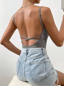 SHEIN Privé Minimalist Casual Daily Wear Sleeveless Bodysuit Camisole - Grey - View 5