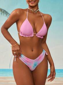 SHEIN Swim 女士荷叶边下摆露背上衣和渐变色印花下装比基尼套装，适合夏季海滩度假