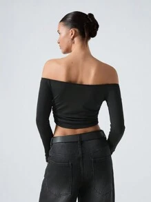 LYSMO Camiseta Corta De Mujer Con Volantes Y Hombros Descubiertos - Negro - Ver 2