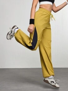 Women's Solid Color Patch Front Tie Up Pocket Simple Casual Sports Pants - Yellow - View 4