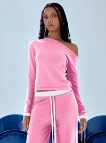 MUSERA 不对称肩部针织撞色腕口上衣 春季休闲 2000 年代 90 年代 - 粉色 - 查看 1