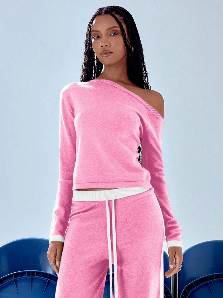 MUSERA 不对称肩部针织撞色腕口上衣 春季休闲 2000 年代 90 年代 - 粉色 - 查看 1