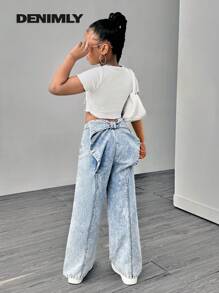 Sparklyn Tween Girl Urban Street Bold Party Wear All Year Must-Have Light Wash Brianca Bow Detail Relax Wide Leg Jeans With Adjustable Waist, Flat Pockets And Zip Front Fastening, School, Campus, College - Light Wash - View 3