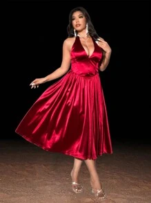 Viva Relle Plus Size Women Deep V-Neck Tie Front Sleeveless Solid Color Sexy Dress,Valentine - Burgundy - View 3