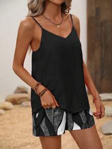 Breezaya 2pcs/Set Women Simple Solid Color Spaghetti Strap Top And Shorts - Black and White - View 3
