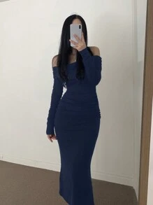 DAZY Đầm dài ôm sát vai cổ bẻ cho nữ, tôn dáng, thời trang xuân/hè thập niên 90 Y2k, đầm dài tay thời trang thu - Màu xanh ngọc - Xem 5