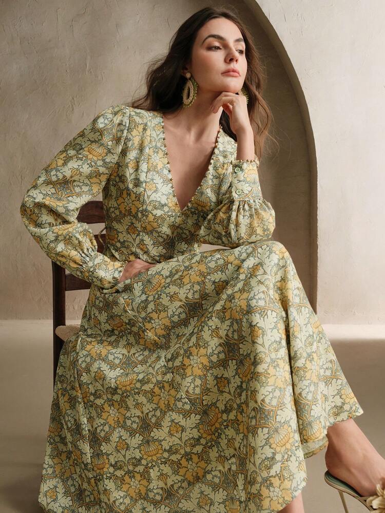 Abito elegante retrò con stampa vintage, scollo a V, perline e linea a ruota, vestito da donna per la primavera