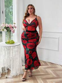 Flirla Completo da donna elegante e vintage taglie forti in 2 pezzi: canotta aderente a scollo a V con stampa floreale + gonna lunga plissettata in rete con stampa rosa e fondo a coda di pesce, perfetto per San Valentino - Multicolore - Visualizzare 5