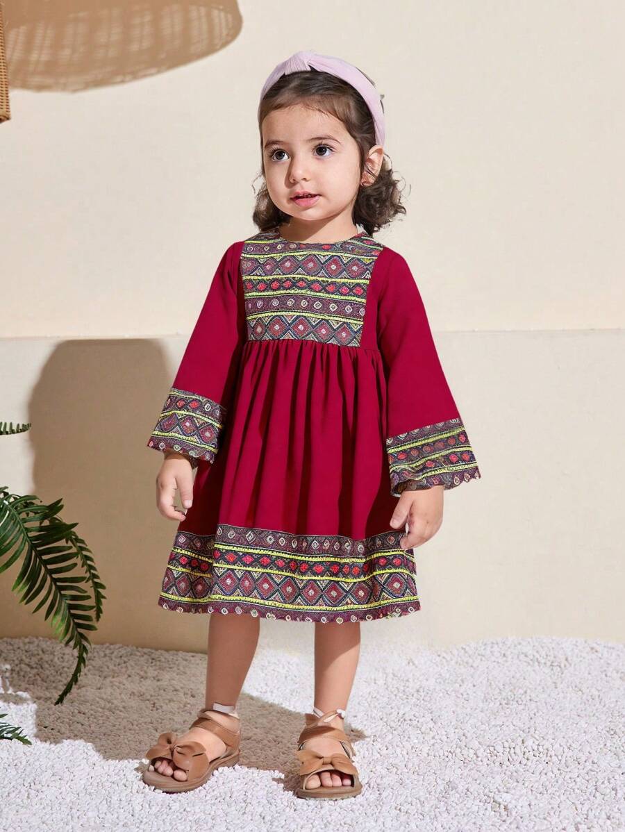 SHEIN Baby Girl Cute Geometric Pattern Long Sleeve Dress, Spring/Summer - Red - View 1
