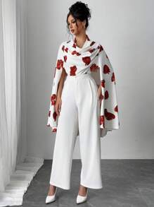 SHEIN ChicEase Conjunto de moda elegante para mujeres con impresión digital de rosas blancas y rojas para el Día de San Valentín - Blanco - Ver 1