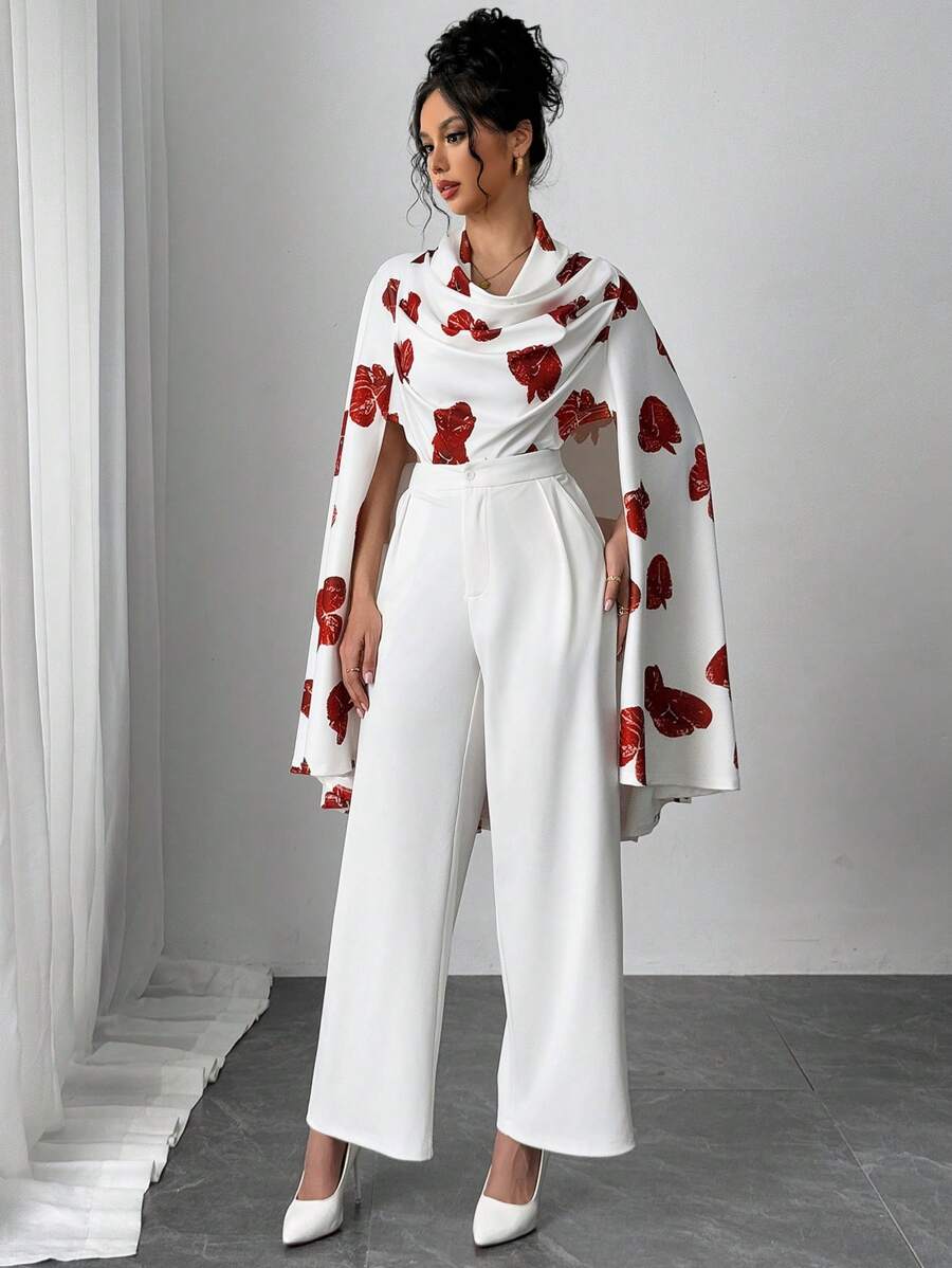 SHEIN ChicEase Conjunto de moda elegante para mujeres con impresión digital de rosas blancas y rojas para el Día de San Valentín - Blanco - Ver 1