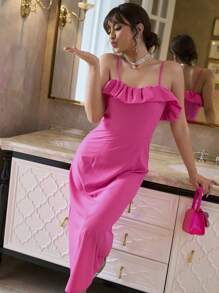 Elenzga 女式紫红色褶饰修身吊带裙 - 玫紅色 - 查看 3