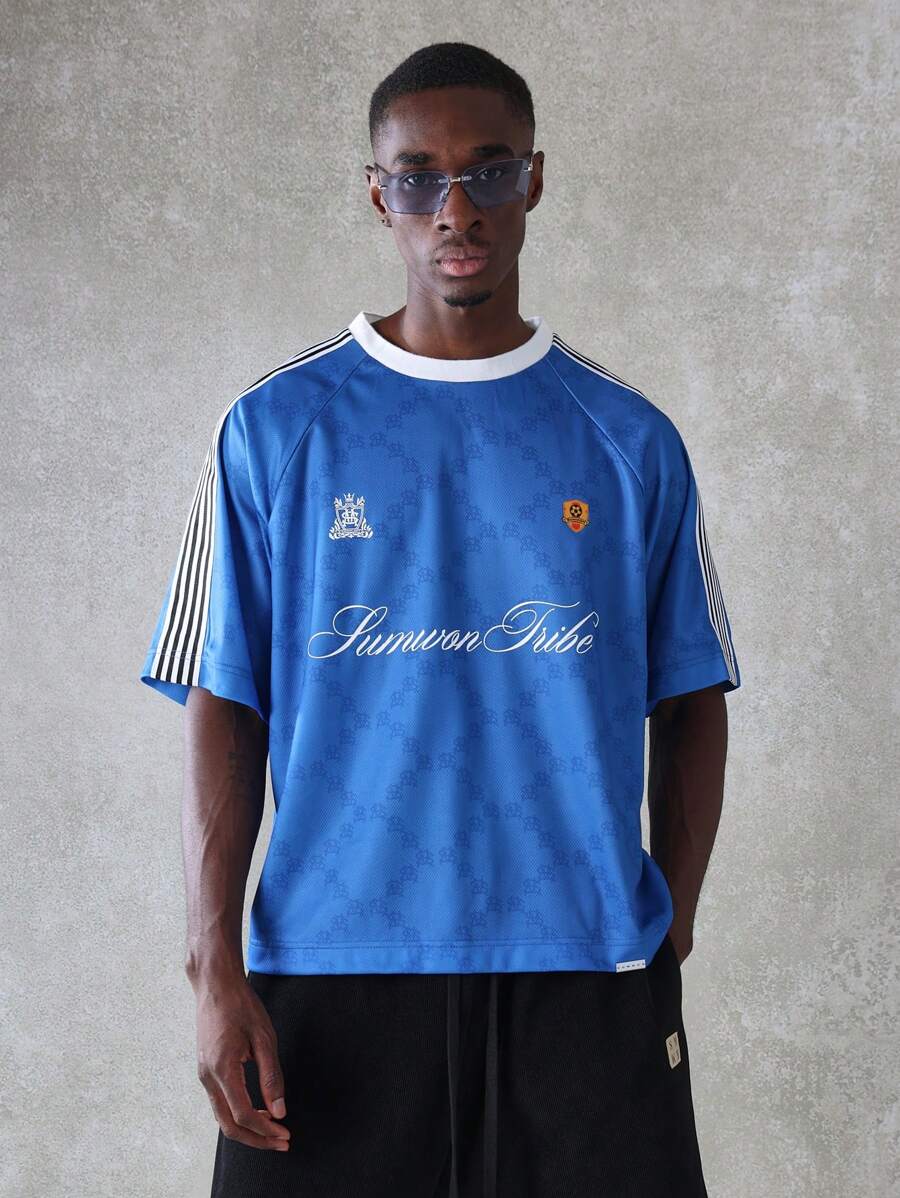 Áo thun phong cách bóng đá Sumwon Tribe Retro Streetwear Athletics Vintage Sport Club Team Áo thun tập luyện tay ngắn hiệu suất thường ngày thể thao năng động - Màu xanh lam - Xem 1