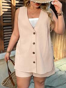 SHEIN VCAY 2 pièces Ensemble Top décontracté texturé sans manches et short à taille élastique pour femmes grande taille - Kaki - Voir 6