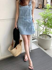 DAZY 女式轻薄洗口袋吊带牛仔连衣裙，春夏秋季太阳裙 - 淺藍色 - 查看 4