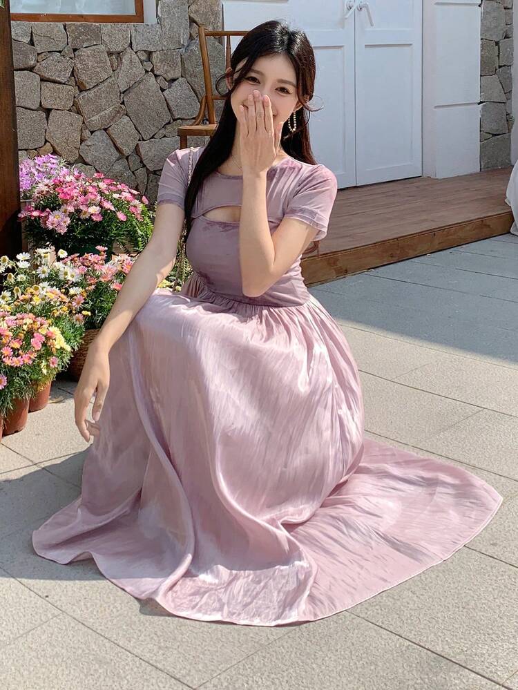 Women's Tie-Dye Round Neck Hollow Out Colorblocked Long Dress Maxi Dress