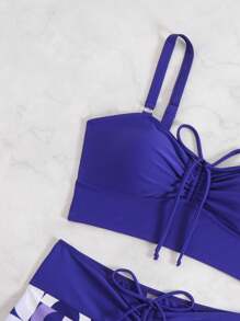 SHEIN Beach Outfits For Women: 2pcs Knit Holiday Party Outing Printed & Solid Color Spaghetti Strap Backless Sexy Elegant Strapless Summer Set Includes Bowknot Bikini - Multicolor - View 4