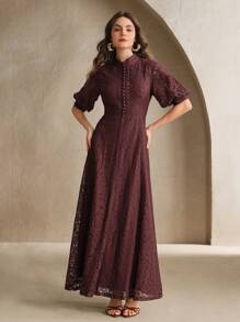 Anewsta Đầm Maxi Dài Ôm Sát Tay Ngắn Ren Trắng Trang Phục Thường Ngày Cho Nữ - Màu Đỏ Sâu - Xem 4