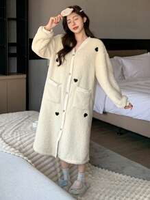 DAZY Minimalist Texture Flannel Heart Embroidered Open Front Robe, Winter Pajama - Beige - View 4