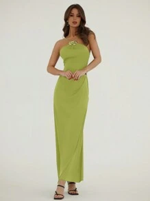 Aloruh Minimalist Elegant Asymmetrical Metal Buckle Decor Sleeveless Bodycon Midi Dress For Women