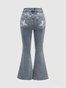 ROMWE Fairycore 女士蝴蝶珍珠刺绣喇叭牛仔裤 - 藍色 - 查看 1