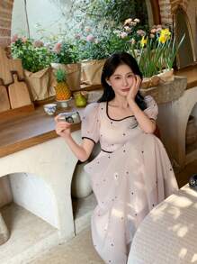 DAZY Women's Polka Dot Bowknot Casual Puff Sleeve Mid-Length Dress Sundress Easter Maxi Dress Floral Dresses For Women - Apricot - View 1