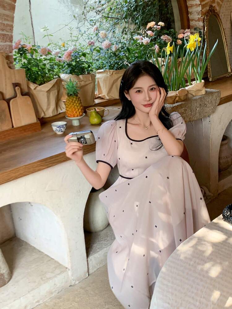 Women's Polka Dot Bowknot Casual Puff Sleeve Mid-Length Dress Sundress Easter Maxi Dress Floral Dresses For Women