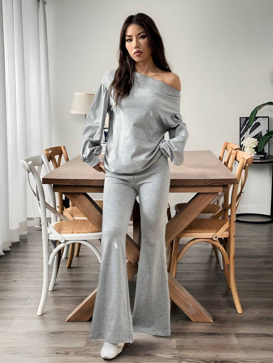 SHEIN EZwear Damen Lässig Set aus einfarbigem Top mit asymmetrischem Kragen und Langarm sowie Schlaghose, 2-teilig, Herbst