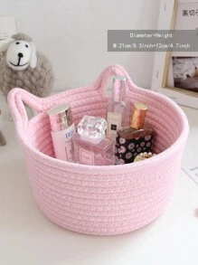 1pc Small Handwoven Cat Ear Design Rope Storage Basket,Desktop Storage Basket For Living Room, Bedroom, Desk, Bedside(Pink) - Pink - View 4