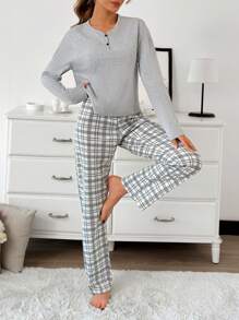 RueChic 2pcs Cotton Contrast Colour Button Detail Shirt And Plaid Pattern Lounge Bottom Homewear Set - Grey - View 3