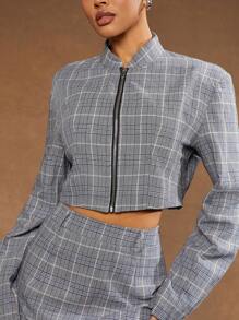 Hauture Women Clothes, Sophisticated Elegant Light Grey Plaid Power Shoulder Jacket And Bodycon Mini Skirt Set, Women Two Pieces Sets, Women Skirts, Women Tops, Skirt Set, Women Jackets, Office Women Outfits, Business Casual Women, Business Women Clothes, Daily Wear - Multicolor - View 4