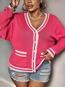 Slaydiva Plus Size Women Colorblock Trim Casual College Style Cardigan, Suitable For Valentine's Day - Multicolor - View 5